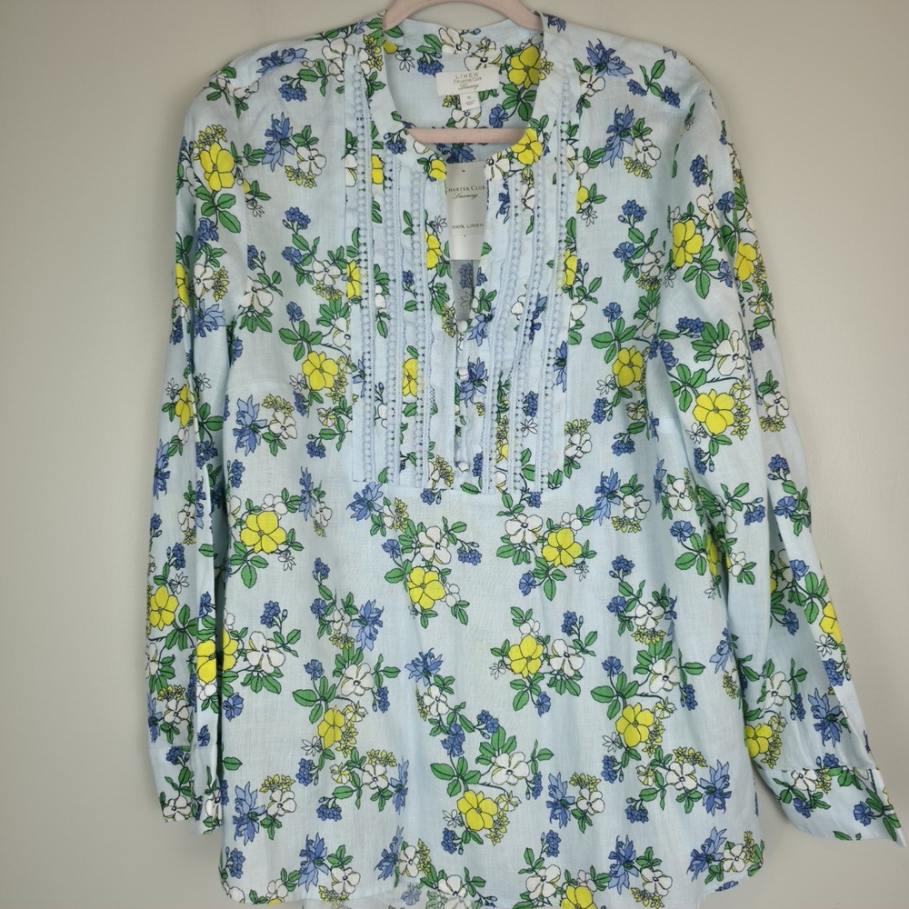 Charter Club Womens Luxury Linen Floral Top Long Sleeve XL Coastal Beach.A201